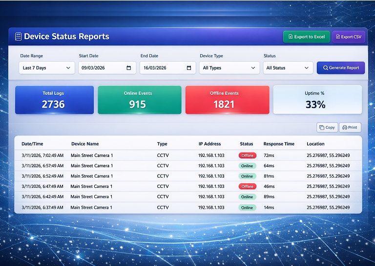 Reports page showing device history